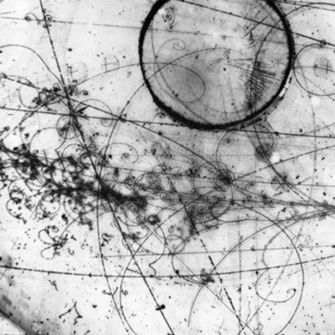 Black-and-white cloud chamber image showing intricate curved particle tracks created by subatomic particles passing through a supersaturated vapor.